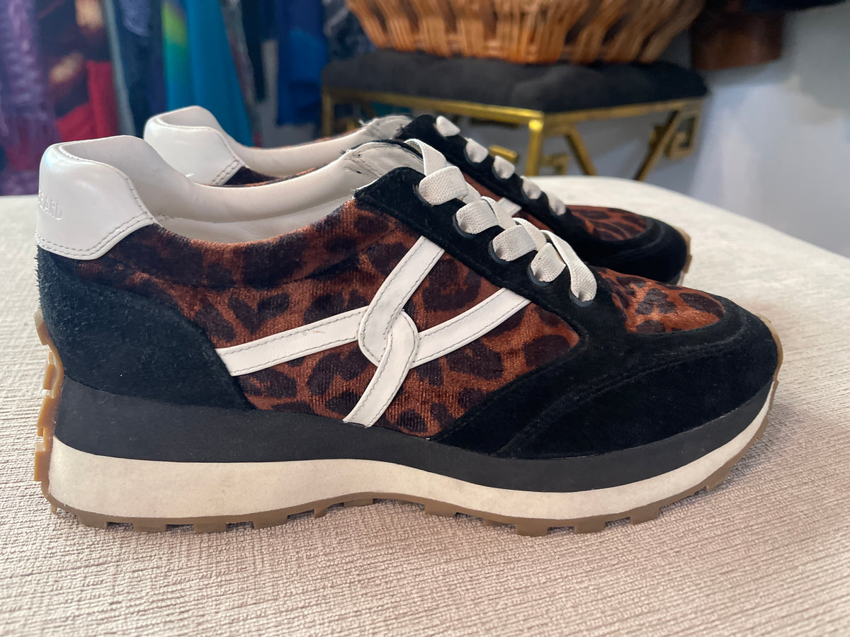 VERONICA BEARD
Leopard-Print Velvet, Leather and Suede Sneakers size 8.5