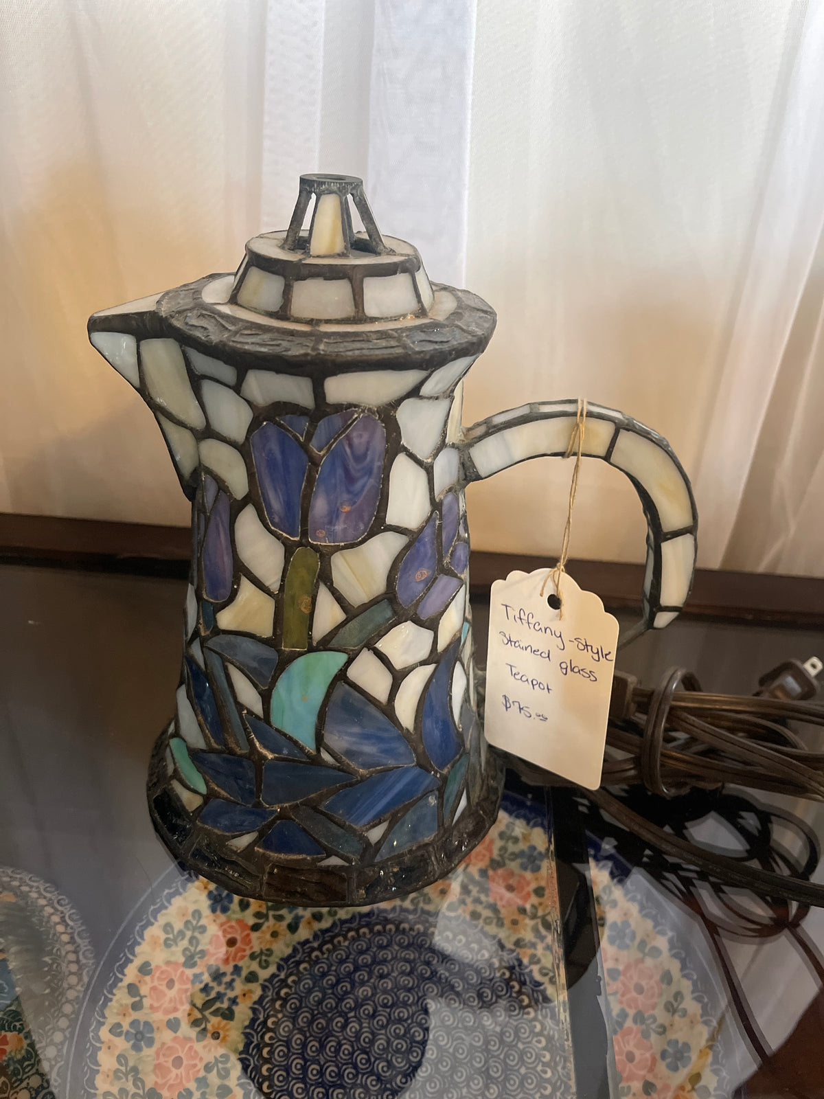 vintage Tiffany-style stained glass teapot or coffee pitcher accent lamp.