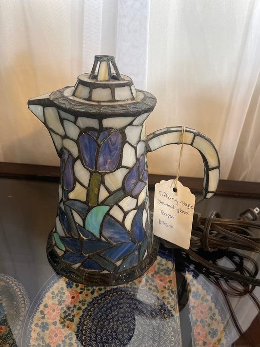 vintage Tiffany-style stained glass teapot or coffee pitcher accent lamp.