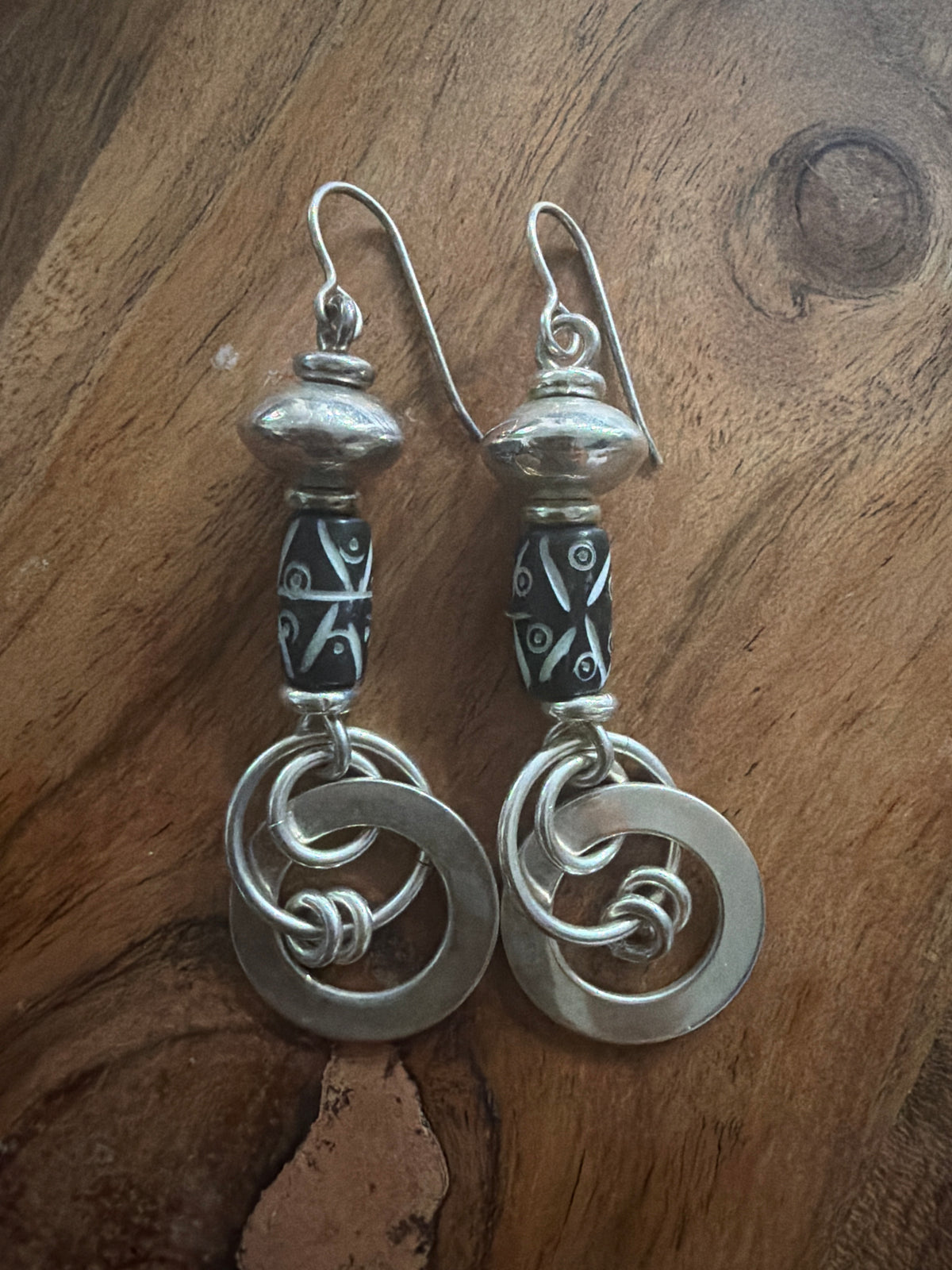 90s Mexico DDD 925 silver black terracotta boho dangles: tribal geometric sterling earrings