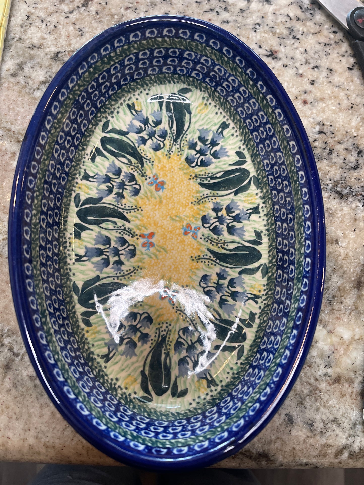 Bakeware Polish Pottery Unikat-1483 9”Oval Baking Dish Lakeside Bluebells