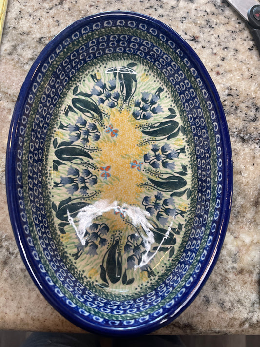 Bakeware Polish Pottery Unikat-1483 9”Oval Baking Dish Lakeside Bluebells