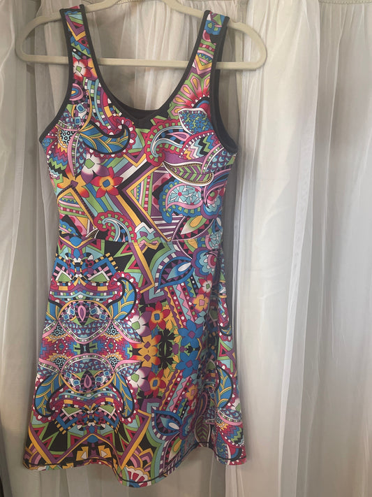 Johnny Was Bee Active Scoop Back Fit & Flare Tennis Dress in the vibrant "Demarne Print" pattern.
