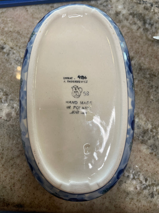 UNIKAT Polish Pottery 8-inch oval condiment dish featuring a peonies flowers pattern. 486