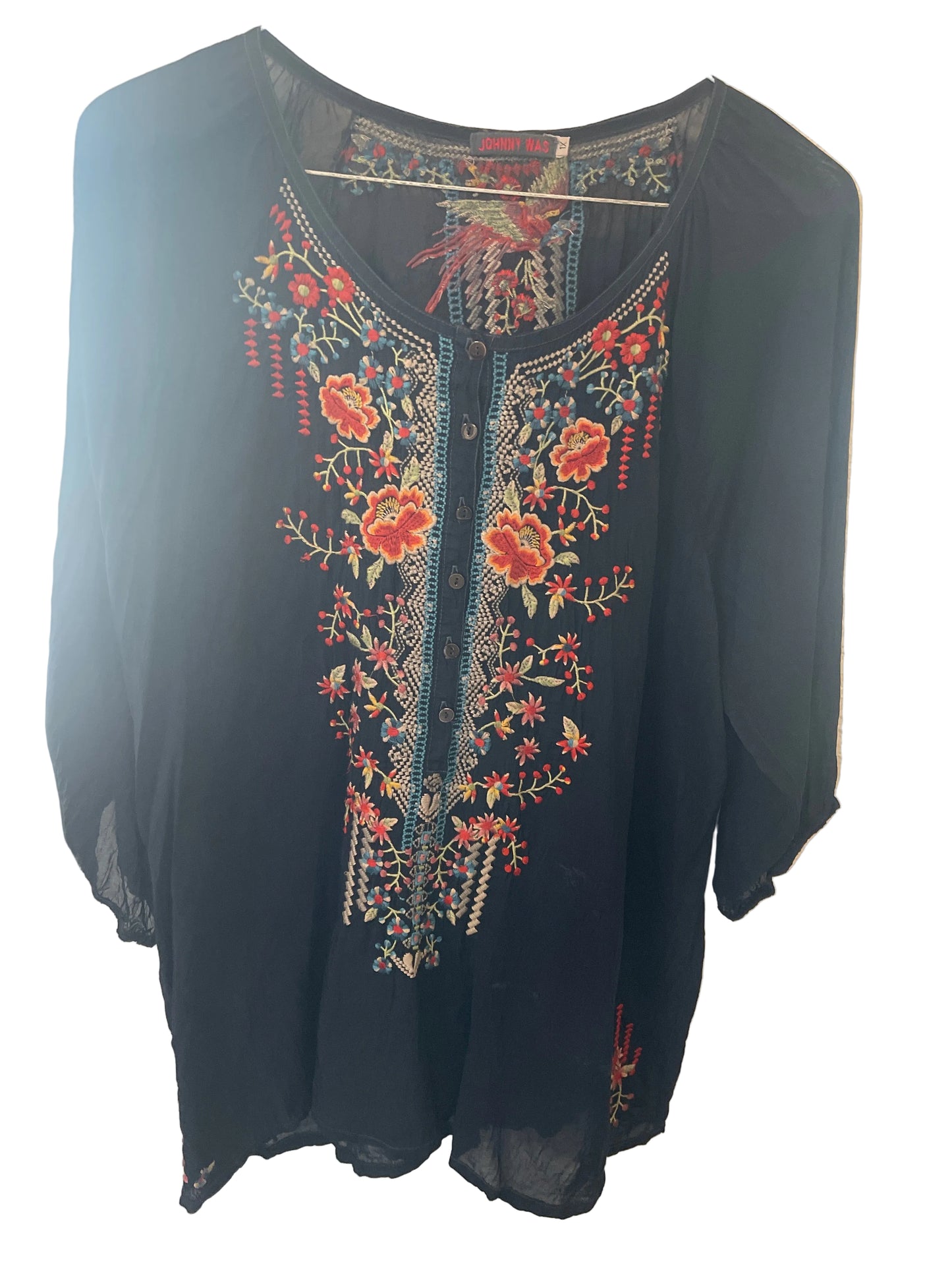 Sheer navy blue bohemian blouse by Johnny Was