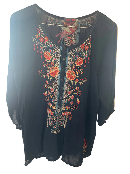Sheer navy blue bohemian blouse by Johnny Was