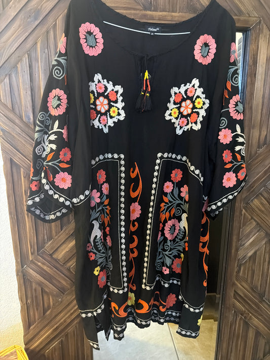 black bohemian embroidered tunic dress