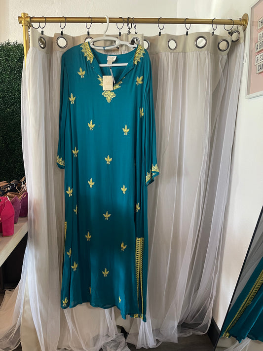 teal green embroidered tunic dress