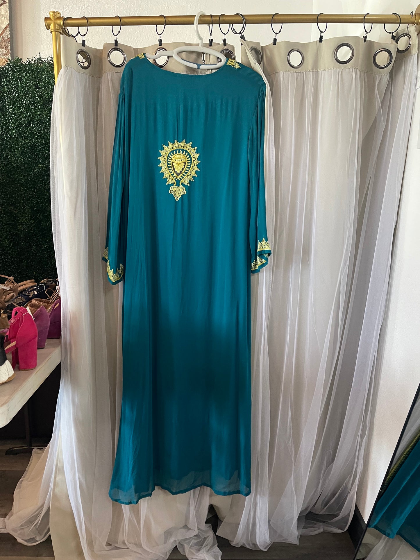 teal green embroidered tunic dress