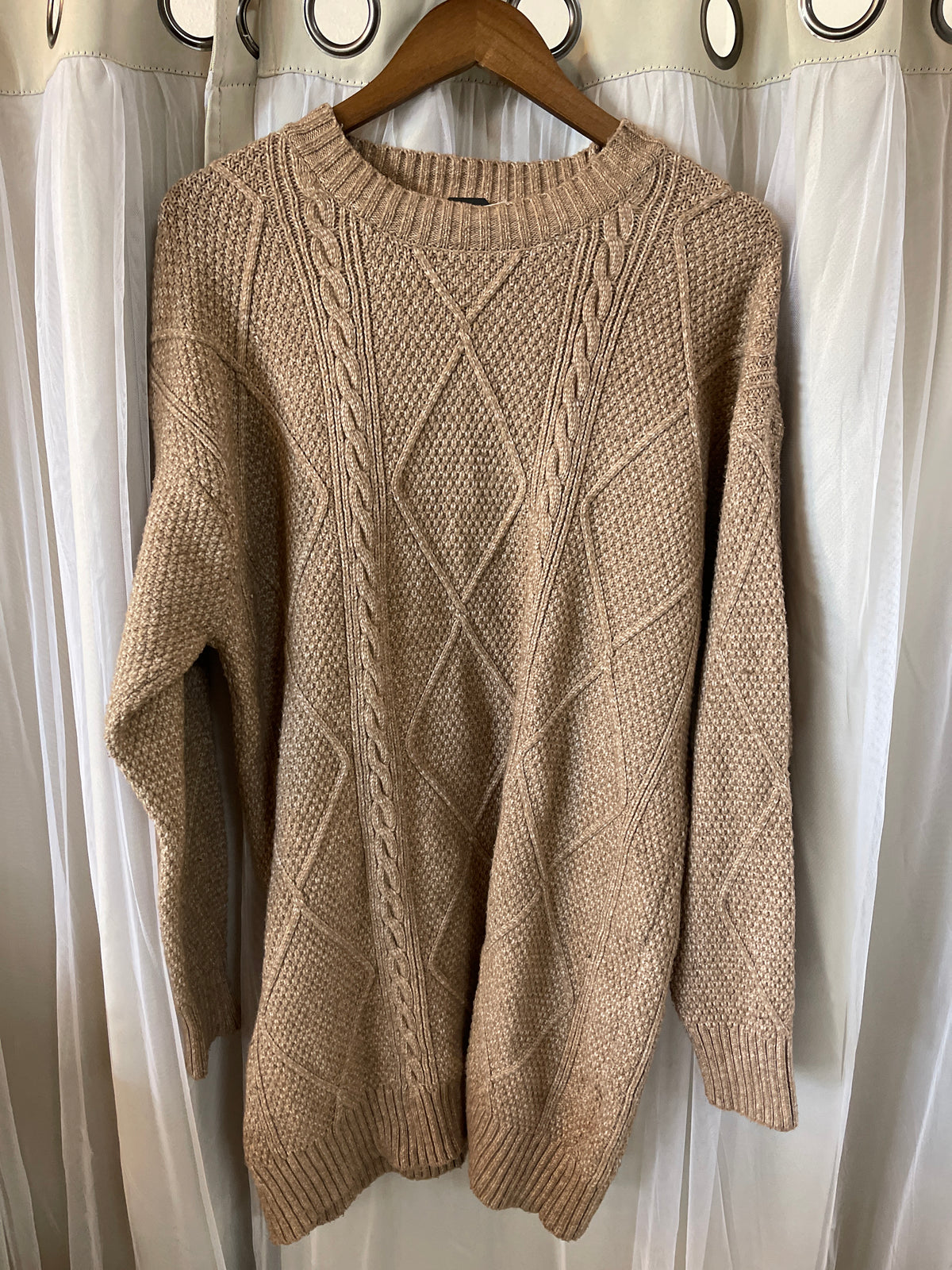 chunky cable-knit drop-shoulder sweater dress i