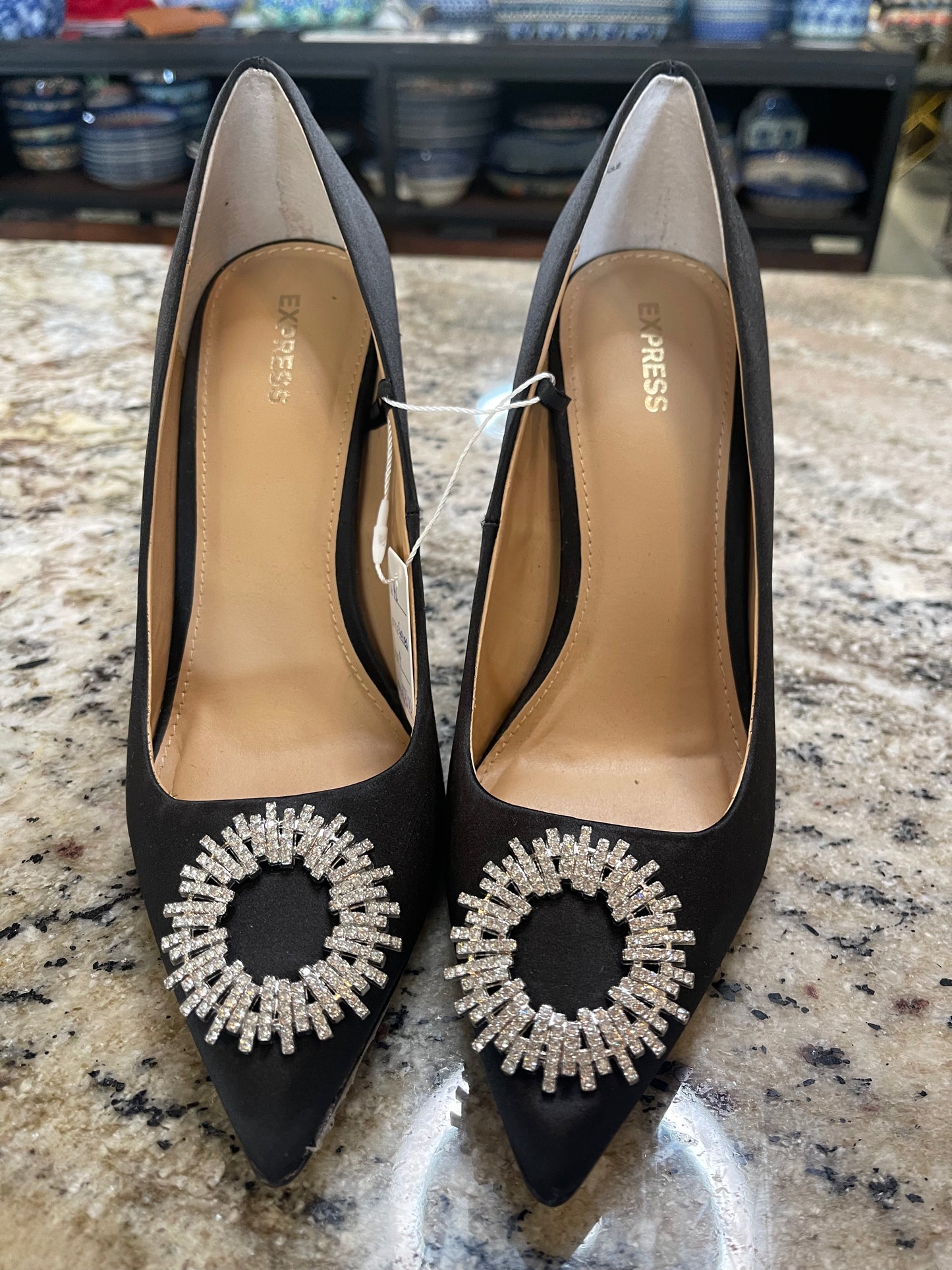 Express Black Satin Rhinestones Pumps