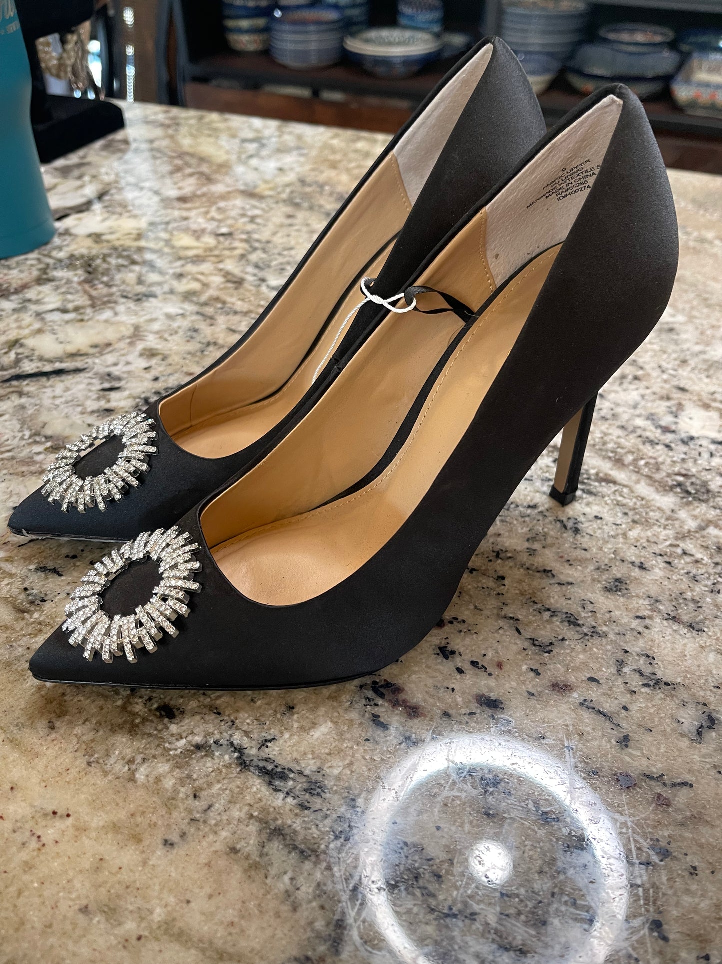 Express Black Satin Rhinestones Pumps
