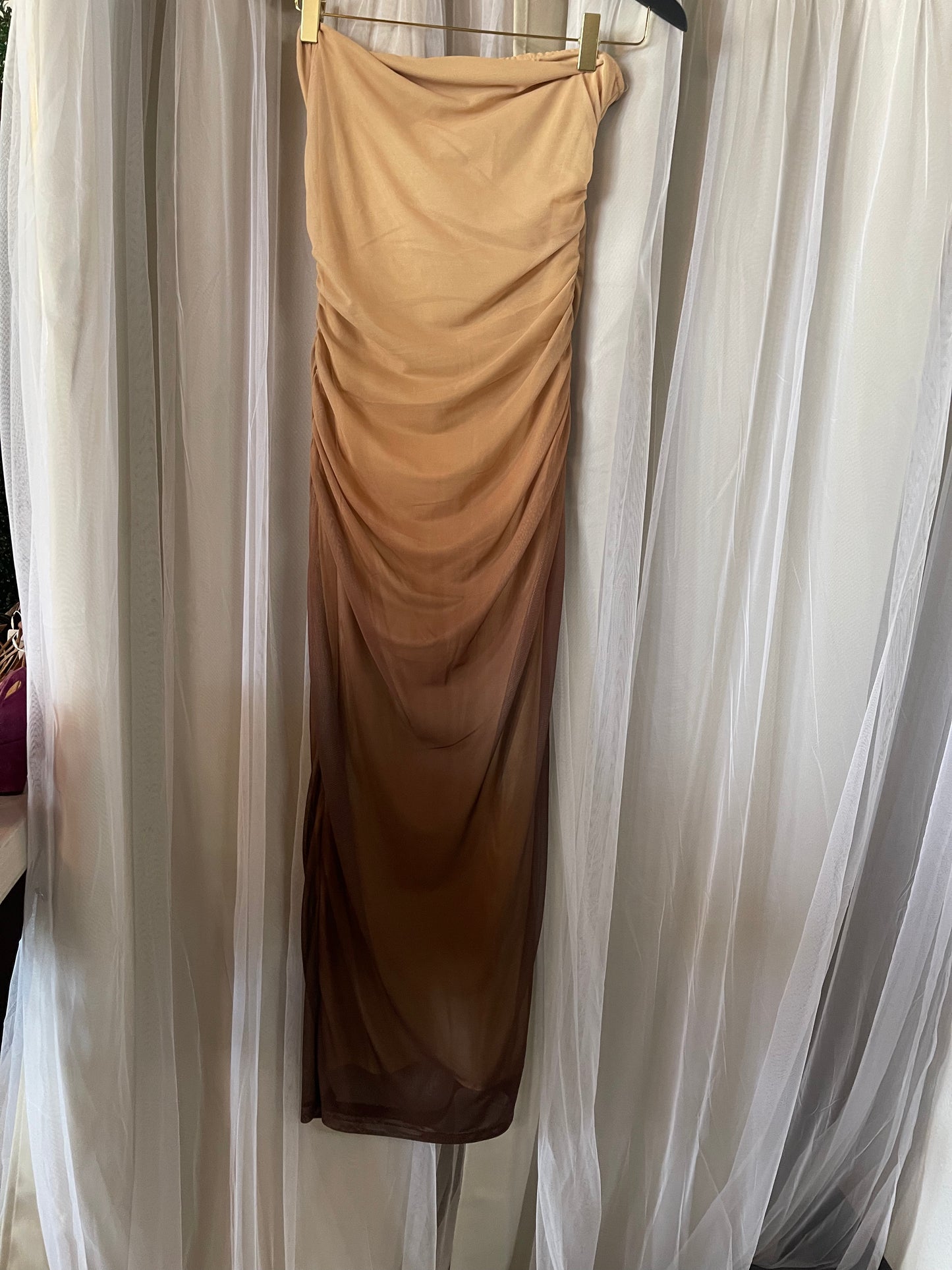ombre mesh ruched maxi dress