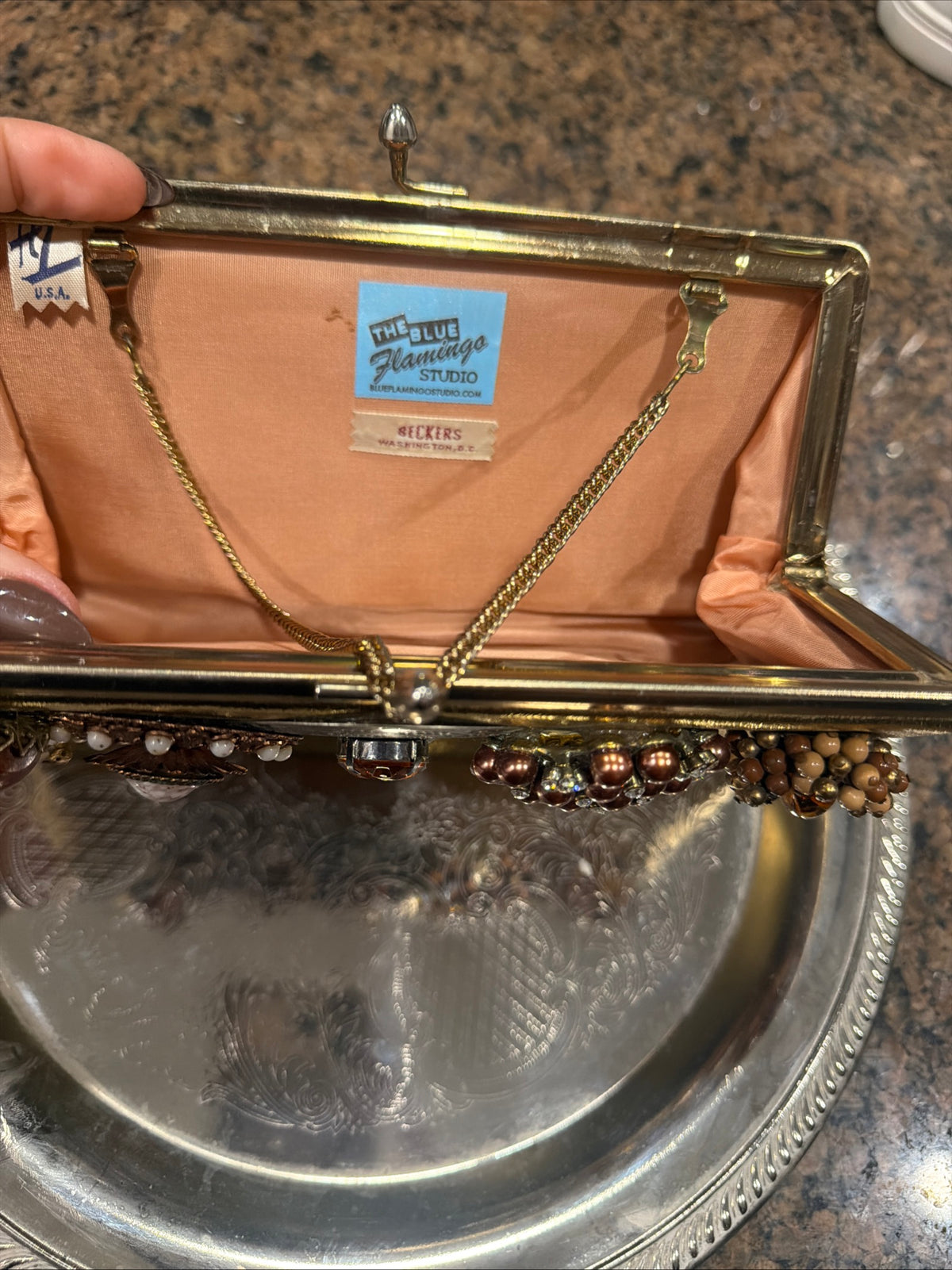 Vintage BECKERS Washington DC Gold Clutch Purse Reworked Blue Flamingo Studio
