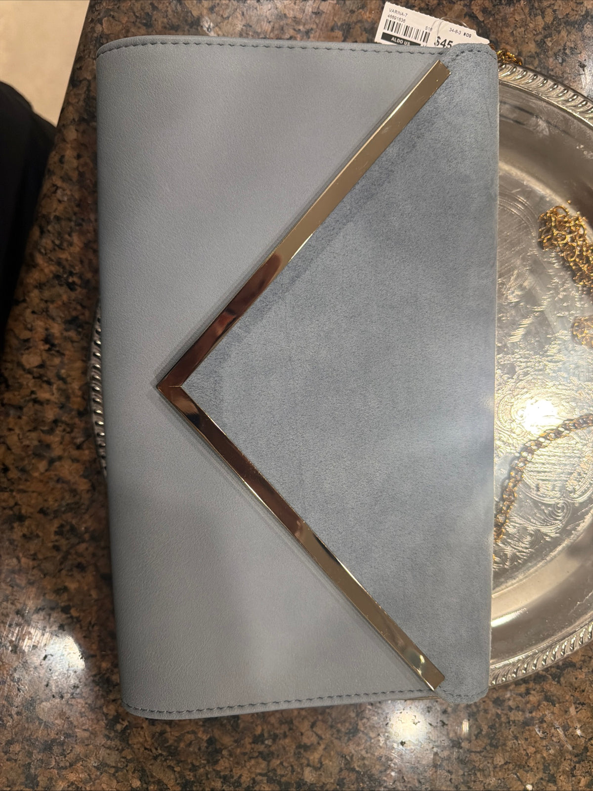 Aldo Light Blue Faux Suede Envelope Clutch Evening Bag Gold V Trim Chain Strap NWT