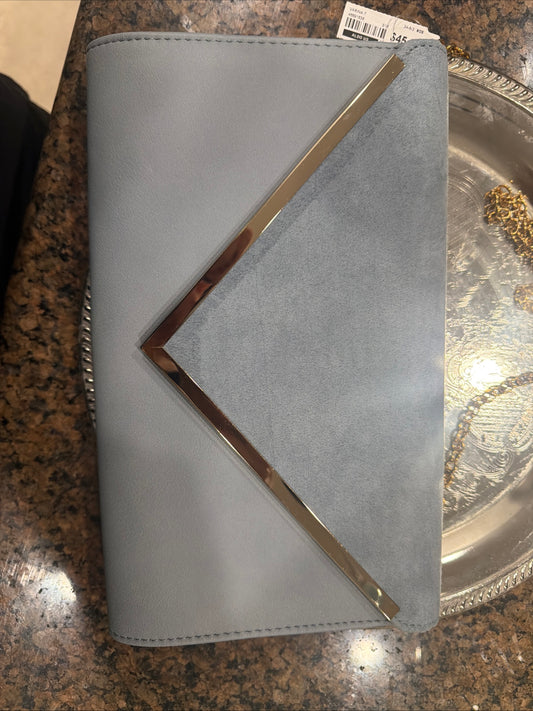 Aldo Light Blue Faux Suede Envelope Clutch Evening Bag Gold V Trim Chain Strap NWT