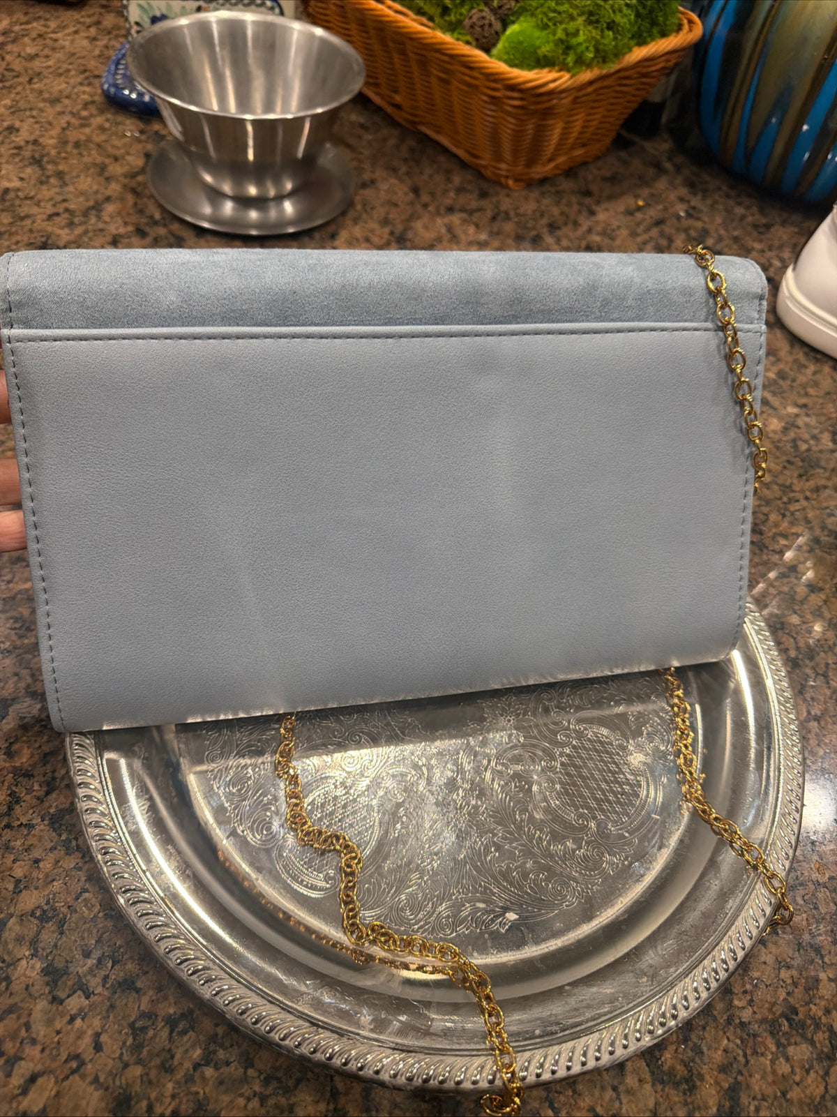 Aldo Light Blue Faux Suede Envelope Clutch Evening Bag Gold V Trim Chain Strap NWT