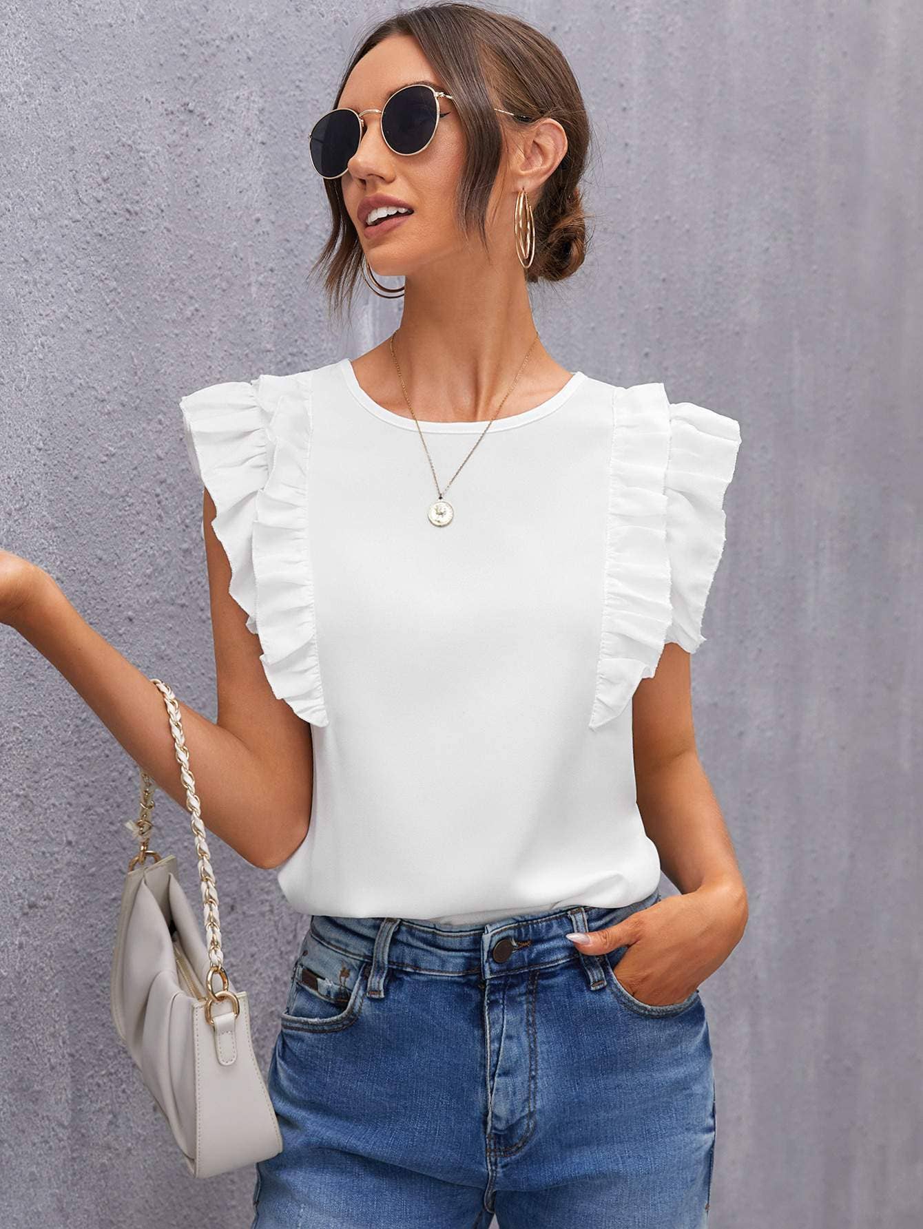 Ruffle armhole solid top: DUSTY