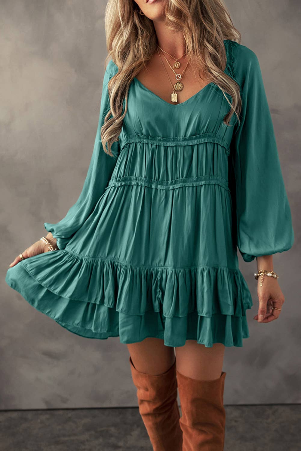 LDC Tiered Ruffled Puff Sleeve Loose Fit Mini Dress: Mist Green