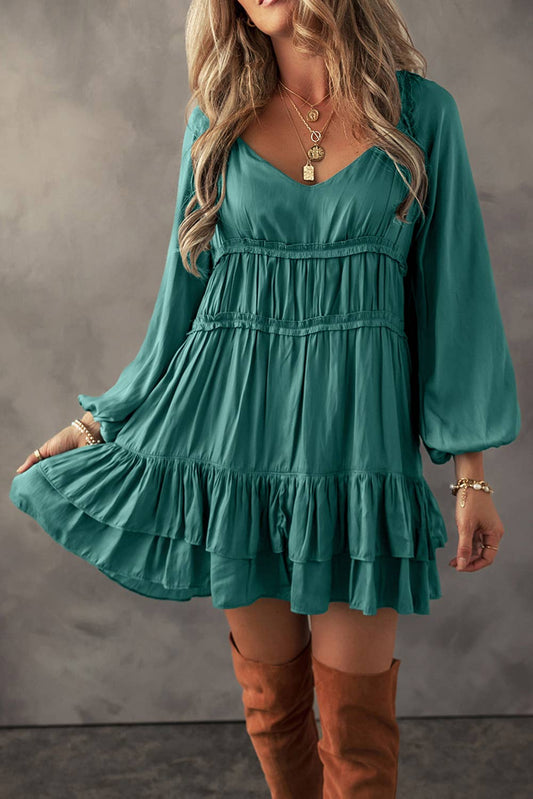 LDC Tiered Ruffled Puff Sleeve Loose Fit Mini Dress: Mist Green