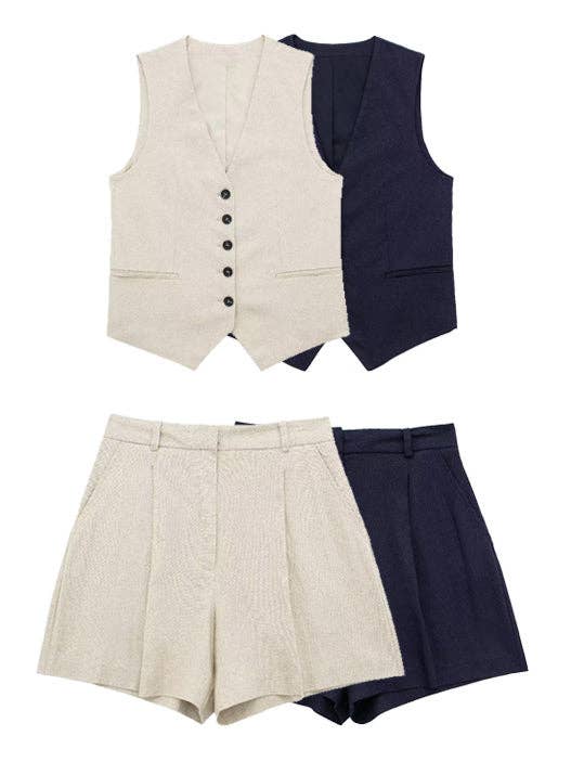 Ladies Solid Color V-Neck Vest And Vest/Shorts