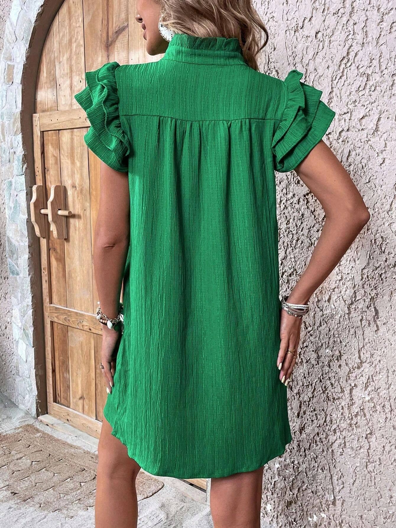 MULTI-LAYER LOTUS SLEEVE V-NECK PULLOVER DRESS: GREEN / (S) 1