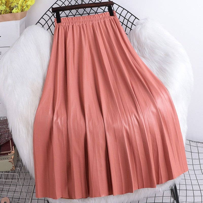 High Waisted Elastic A-Line Pleated PU Leather Mini Skirt: COFFEE / One_size
