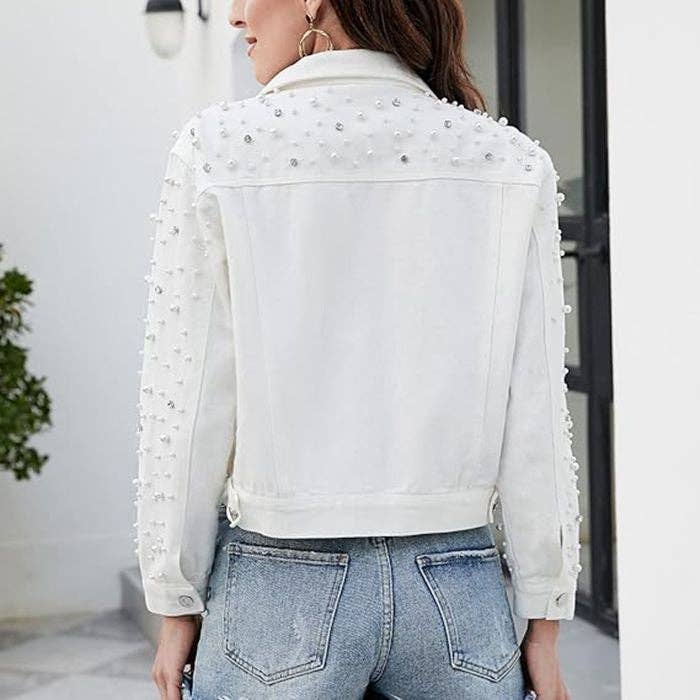 Women Casual Denim Jacket With Pearl Rhinestone Accents: