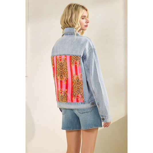 Classic Denim Jacket with Back Tiger Patch Print: Light Wash