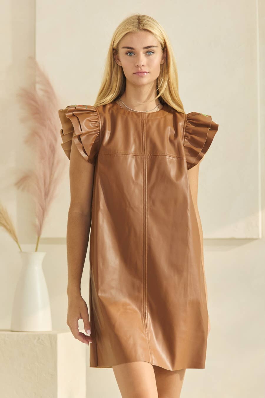 PU Leather Shift Mini Dress: Black /