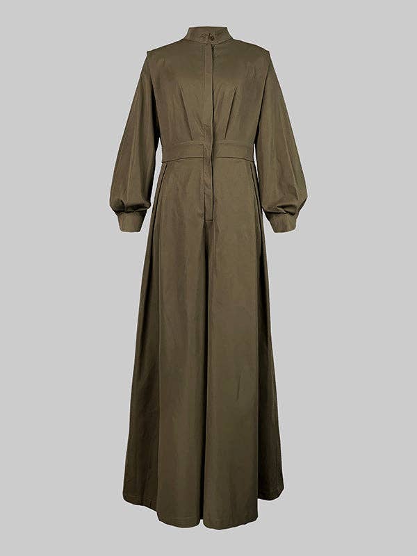 Beltless V-Neck Jumpsuit: GREEN BROWN