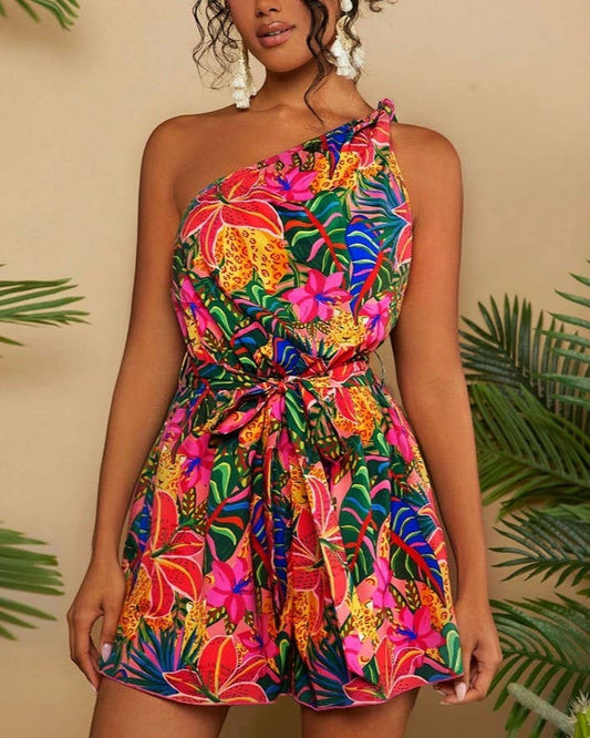 Vivid Tropical Print One Shoulder Belted Romper: Red / S