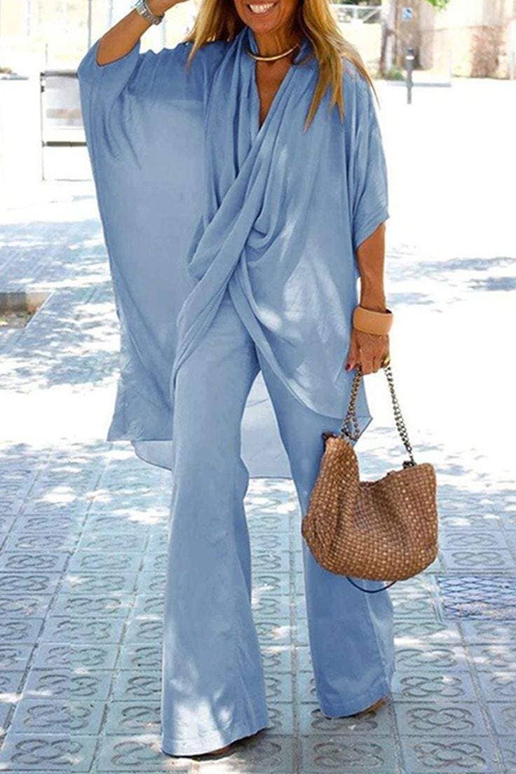 Fold asymmetrical v neck half sleeve two pieces