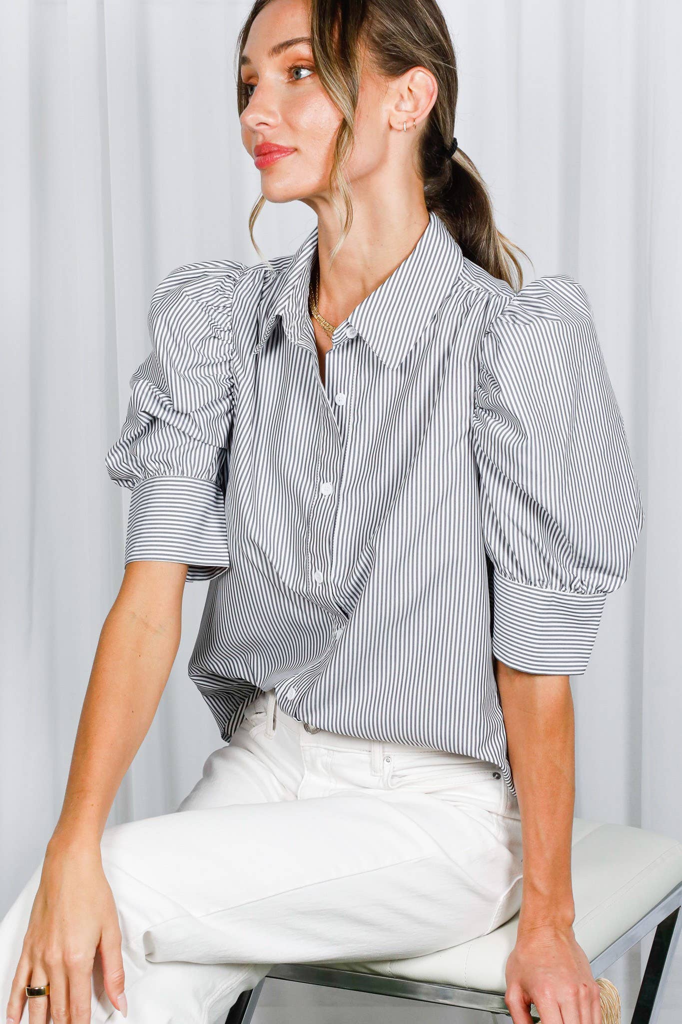 Collared Neck Short Puff Sleeve Striped Blouse VT81707: Blue