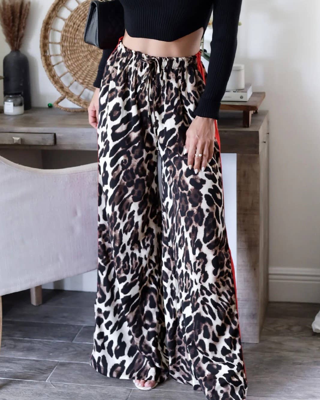 Street Leopard Print Side Striped Straight Pants: Leopard