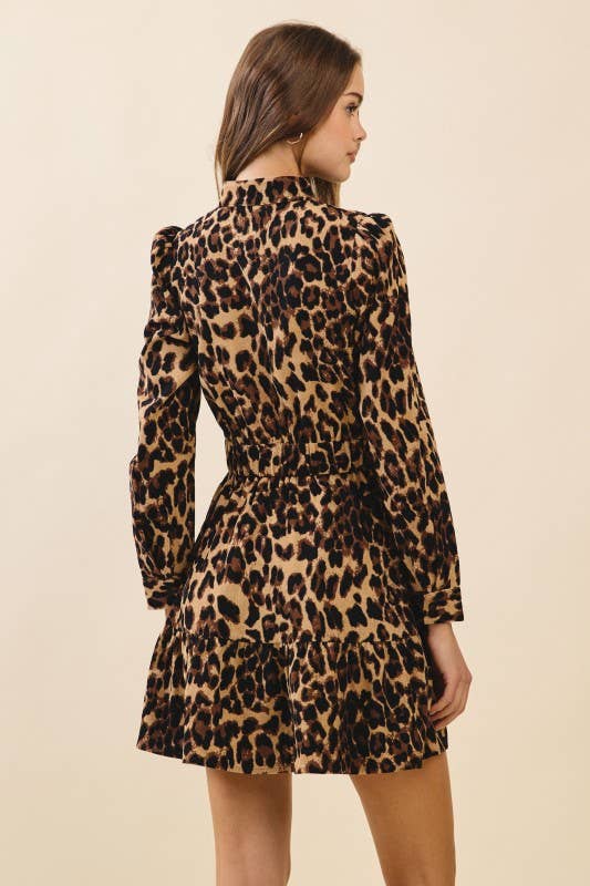 CD05564-Leopard Print Fitted Waist Mini Shirt Dress: Brown