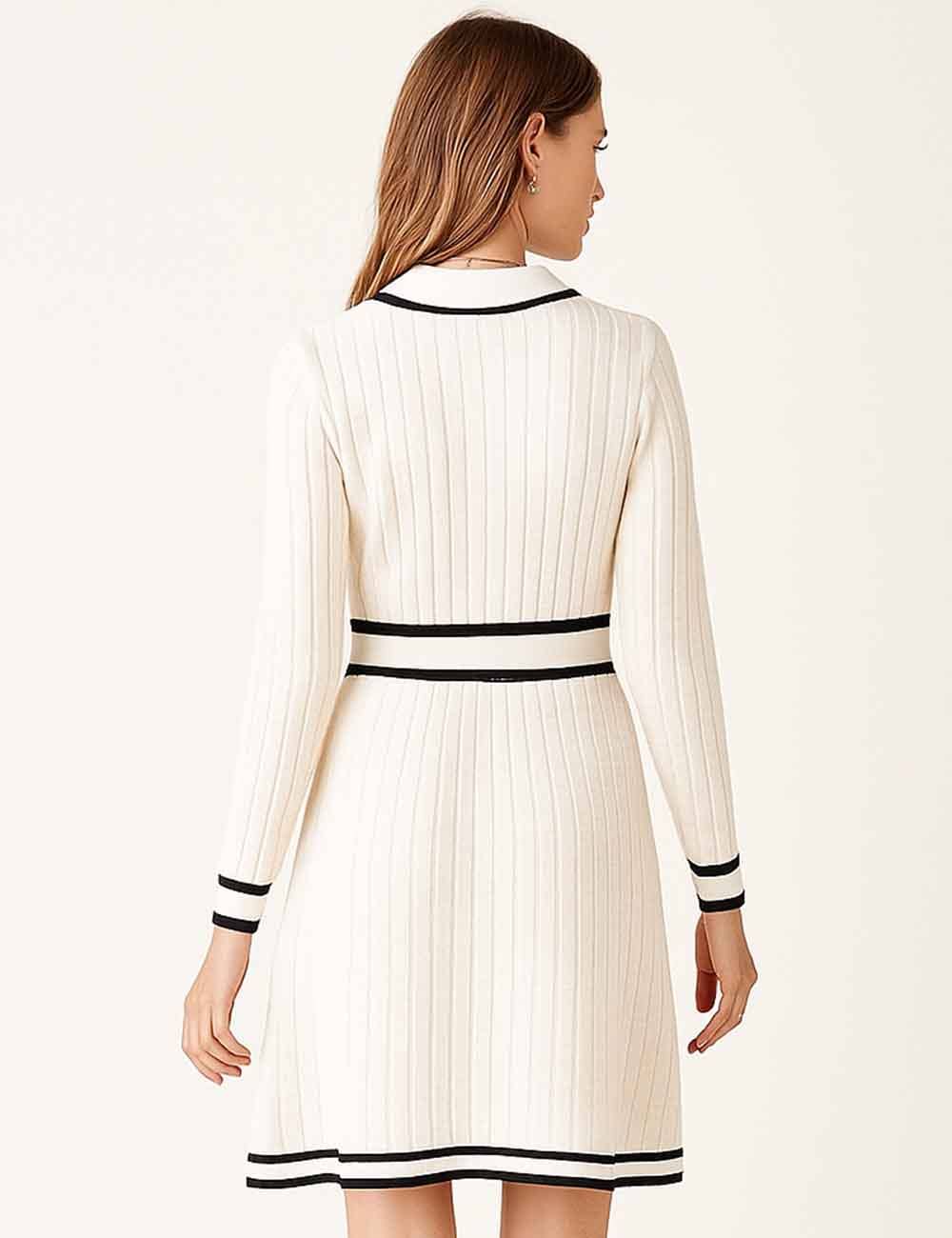 Ladies Color Block V-Neck Long Sleeves Knit Midi Dress: Apricot