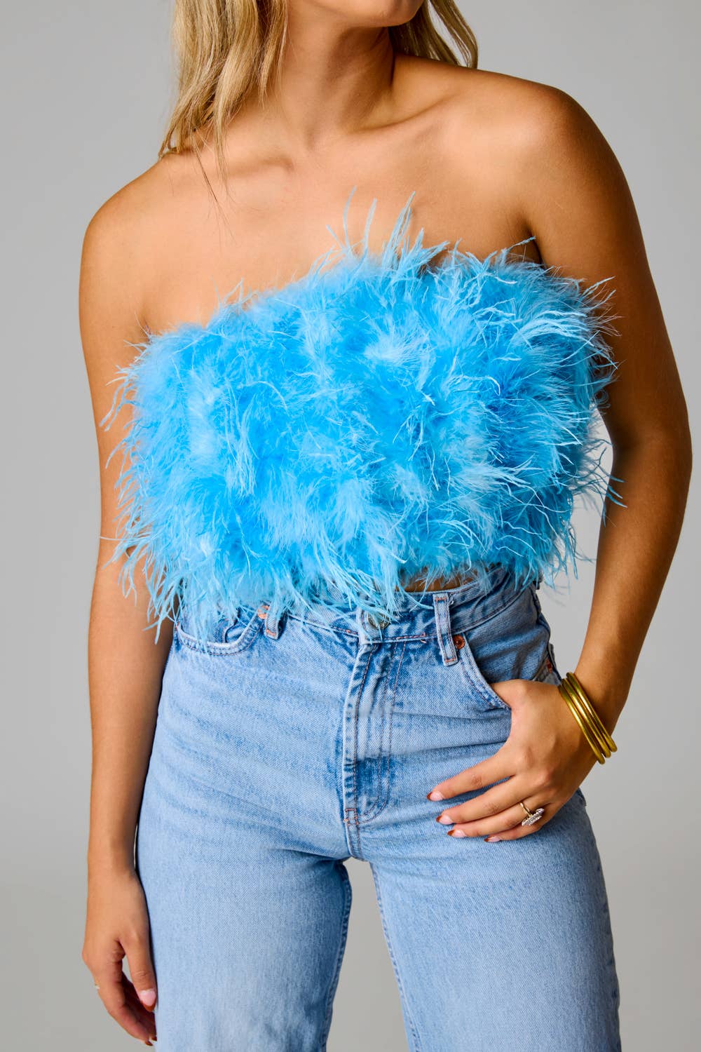 Fancy Azure Blue Strapless Feather Top: