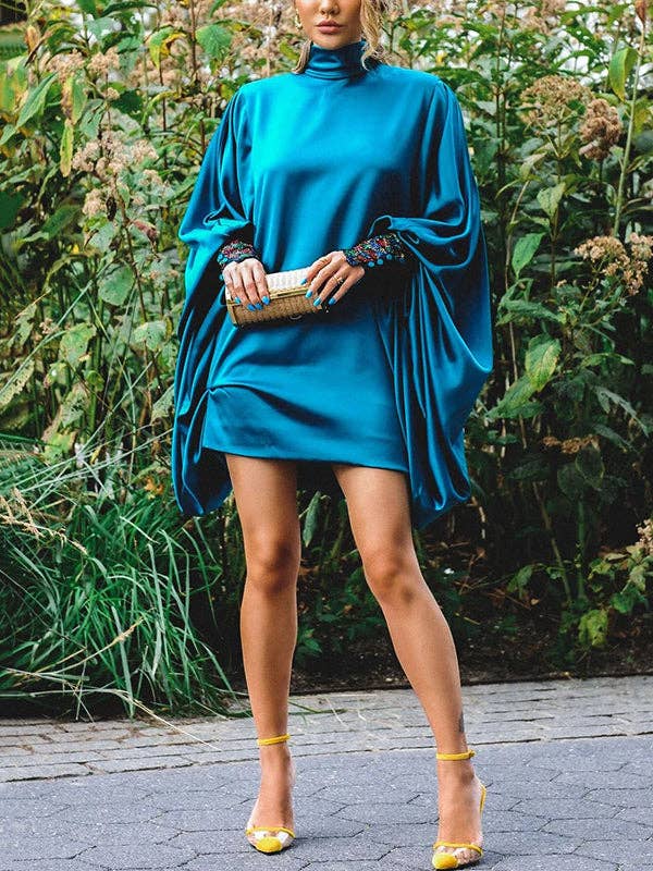 Loose Batwing Button Mini Night Out Dress: PEACOCK BLUE