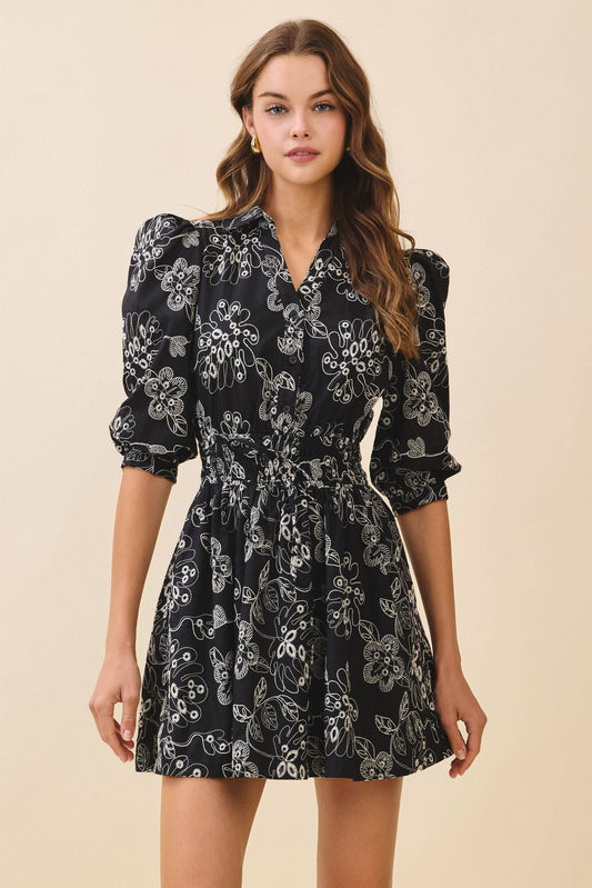 CD06298-Floral Print Collared Neck Elastic Waist Dress: Black / S