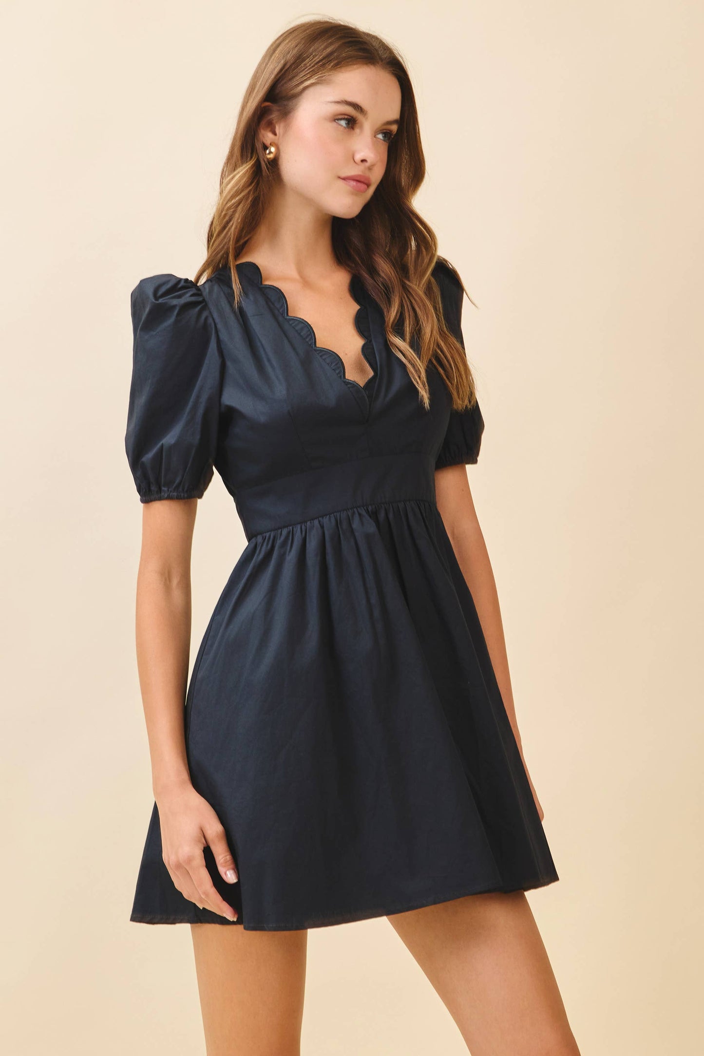CD05988-Scalloped V Neckline Self Tie Sash Mini Dress: NAVY / M