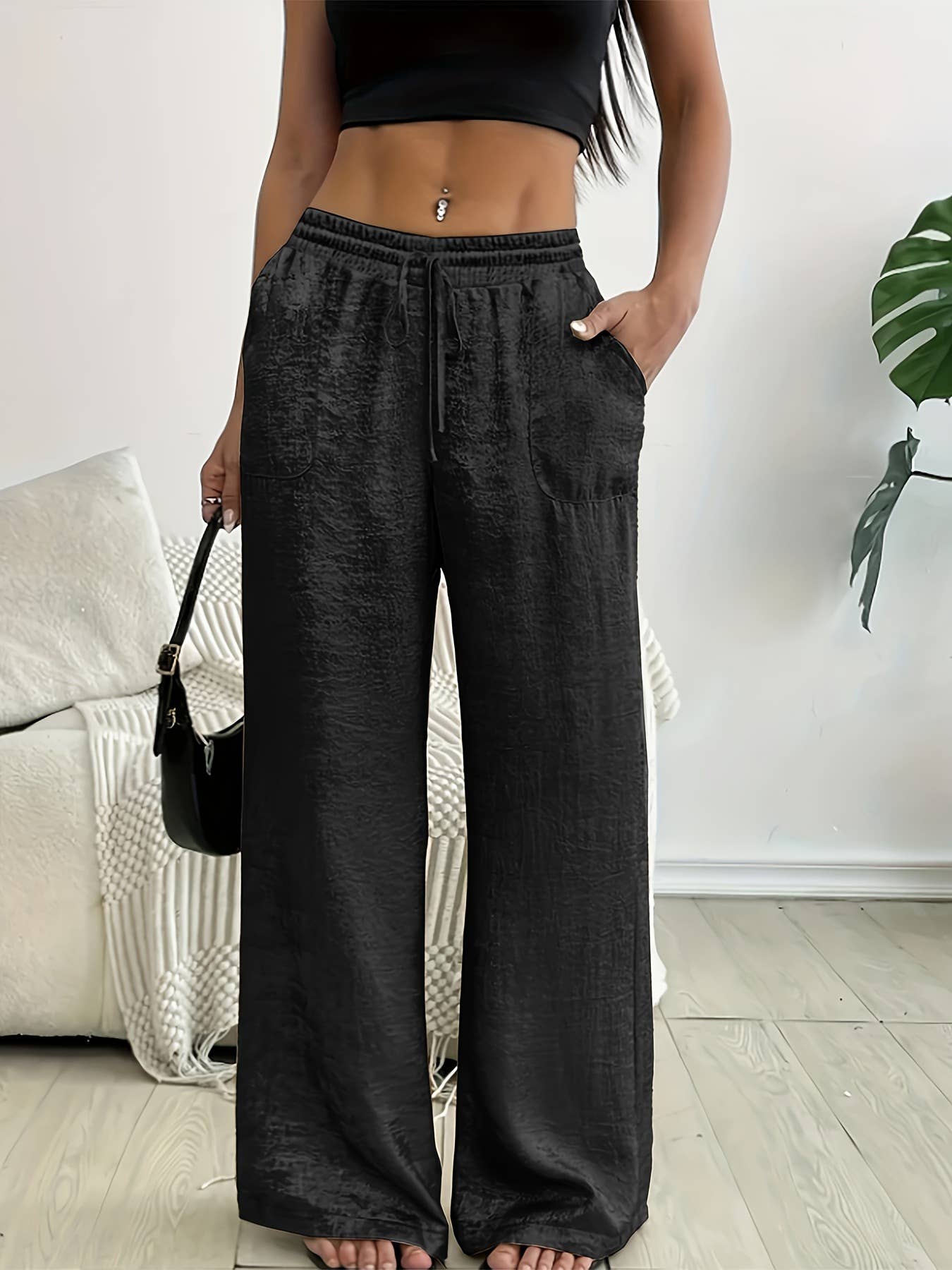 Drawstring bronzing trousers metallic wide-leg pants: Golden / M