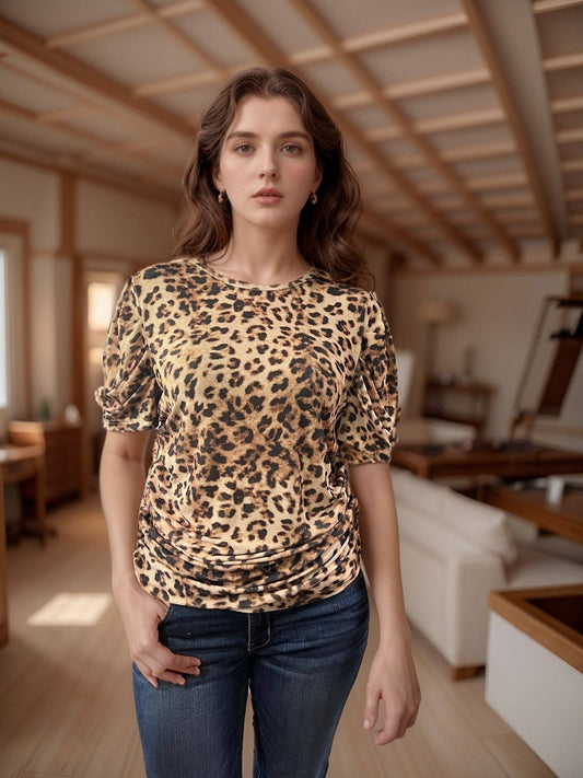 TZ82 Leopard Puff Sleeve Blouse: Leopard / S