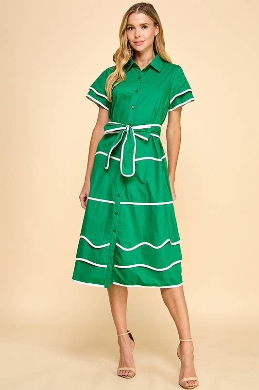 CD05231-Contrast Binding Detail Midi Shirt Dress: Green / S