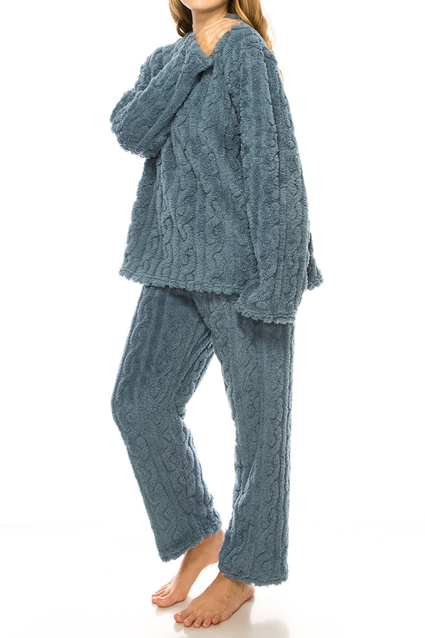 Cable Fuzzy Sherpa Fleece Pajama Sets: BLACK