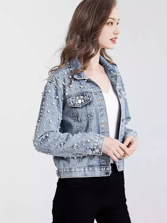 Women Casual Denim Jacket With Pearl Rhinestone Accents: