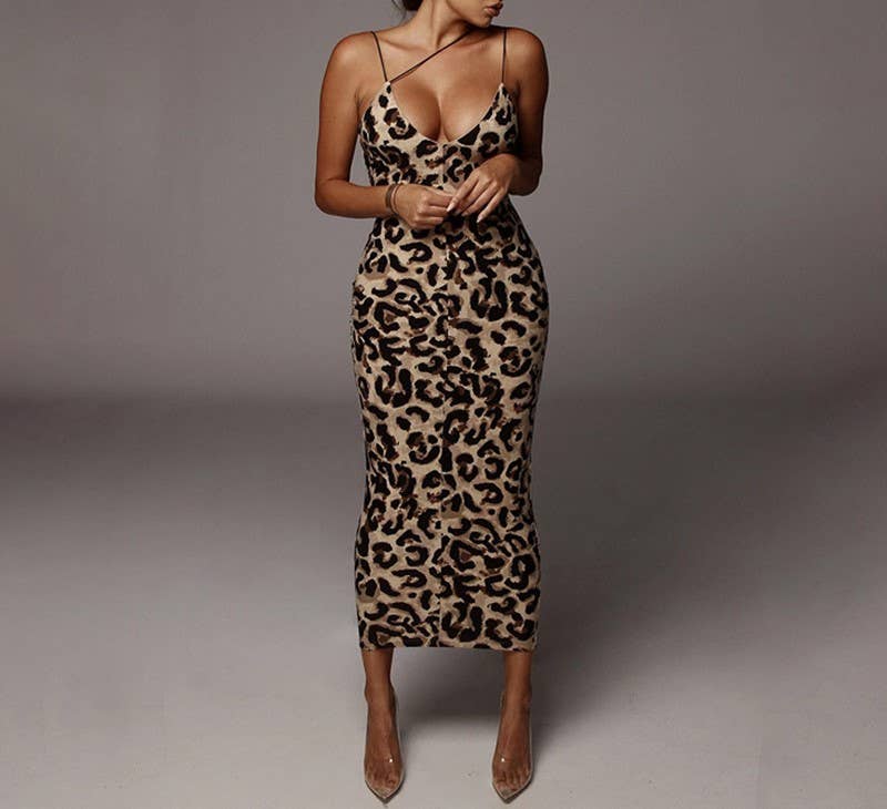 Halter Sleeveless V-Neck Fashion Sexy Dresses: Brown / M