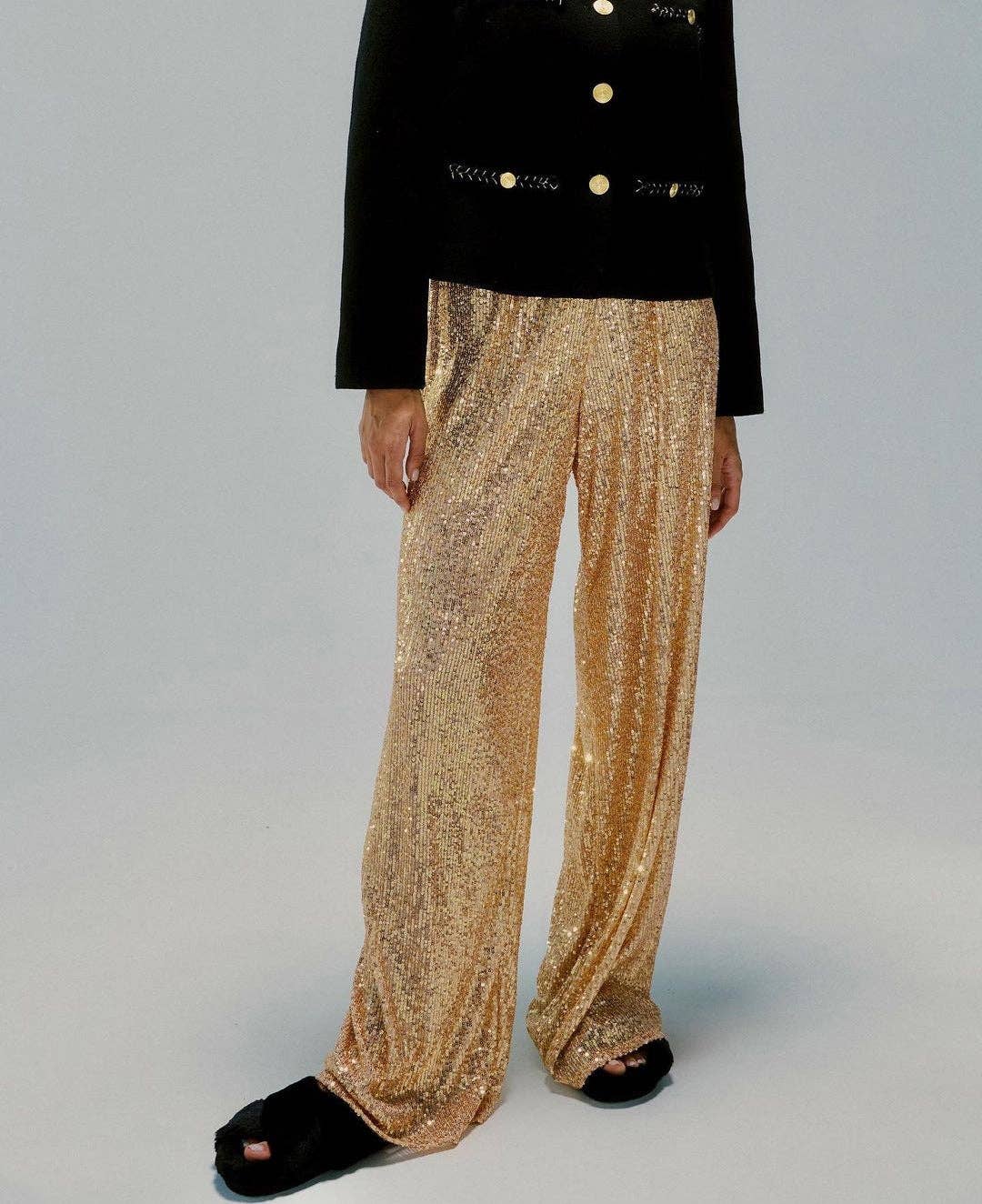 Sweetkama Ladies Solid Glitter Sequin Long Loose Pants: