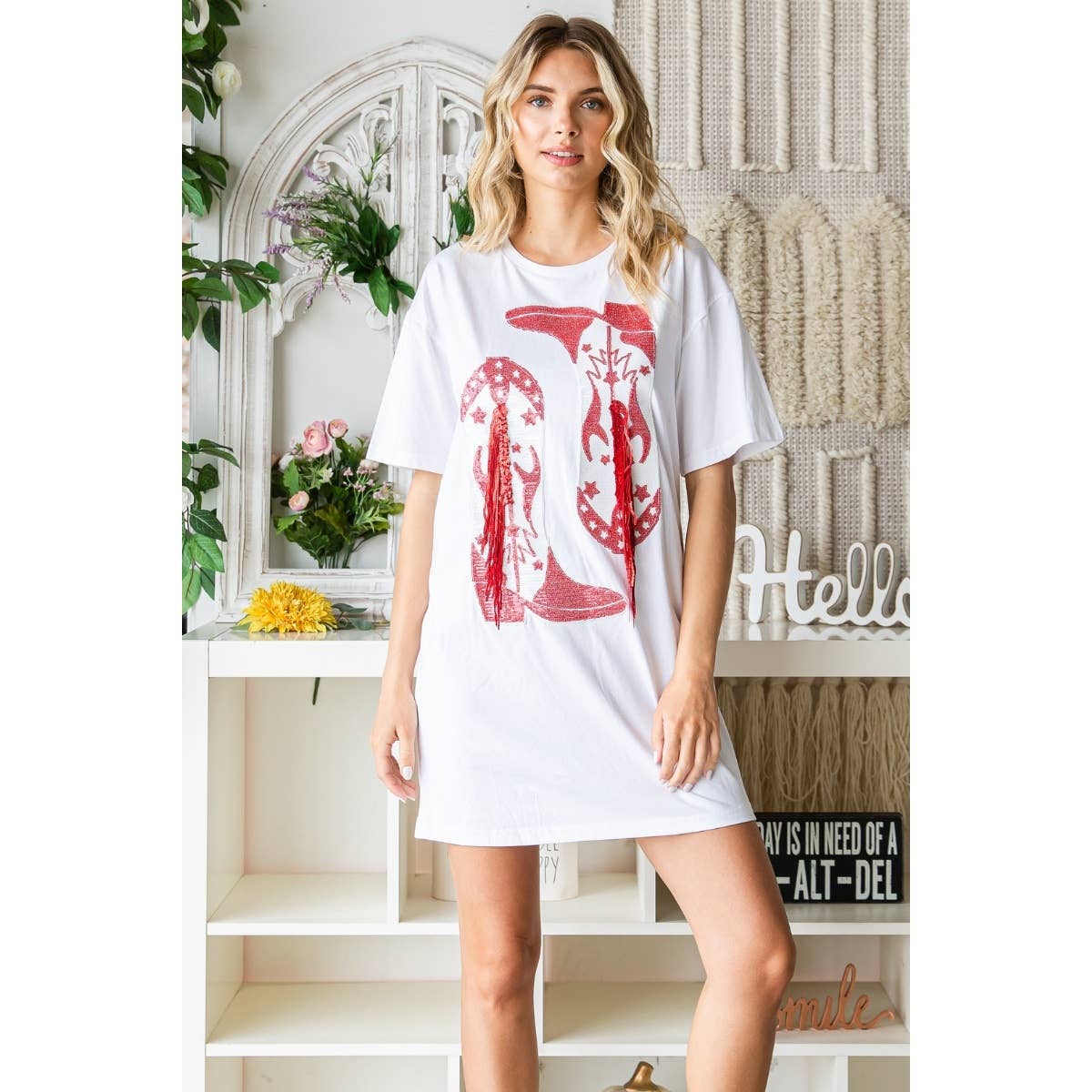 Cowboy Boots Sequins Patch T-shirt Dress: White
