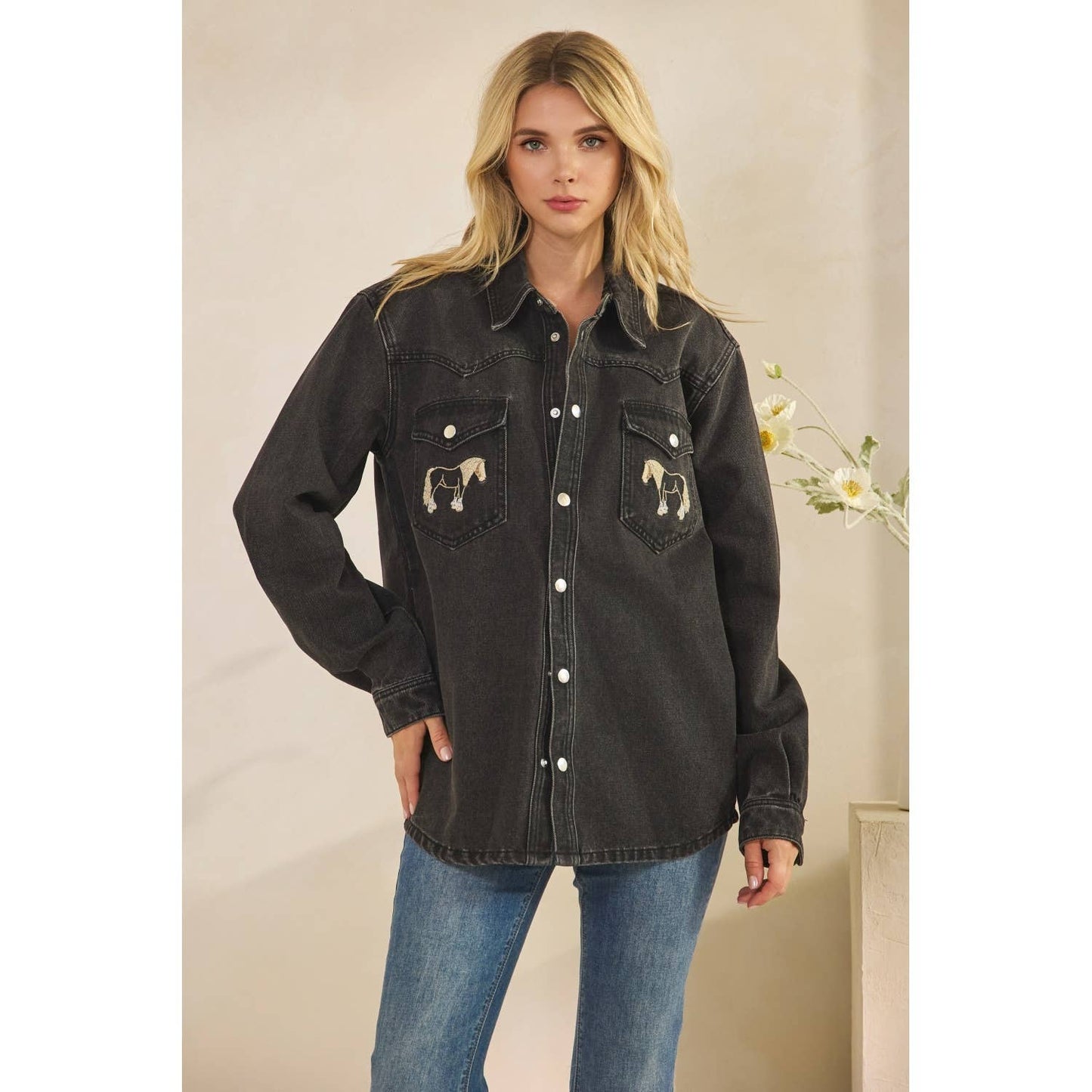 Denim Jacket with Horse Embroidery: Medium Wash